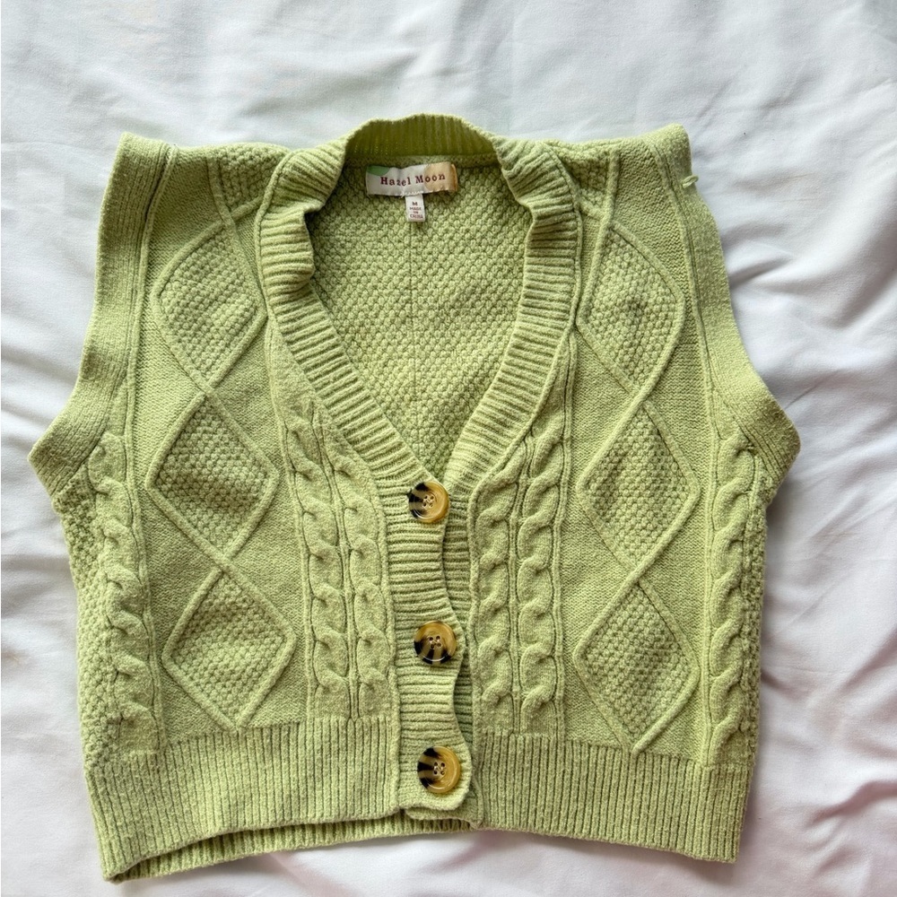 Light Green Cable Knit Cardigan Vest